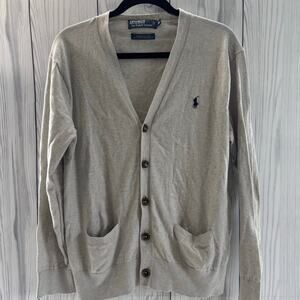 Polo Ralph Lauren Men's Cardigan Sweater Size Medium Gray Pina Cotton Luxury